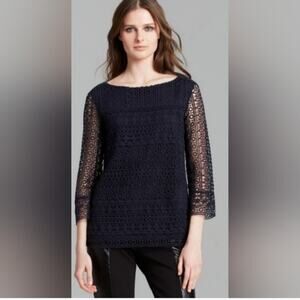 Tory Burch Harlow Navy Lace Sleeve Linen Top S